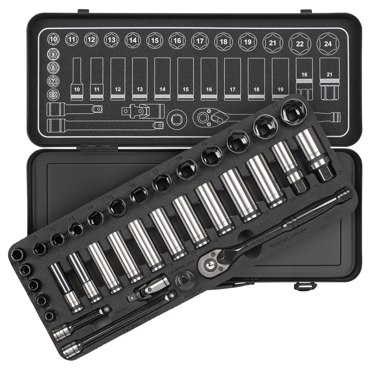 Sealey 34 Pcs 3/8" Square Drive 6 Point WallDrive Black Series Socket Set AK7971