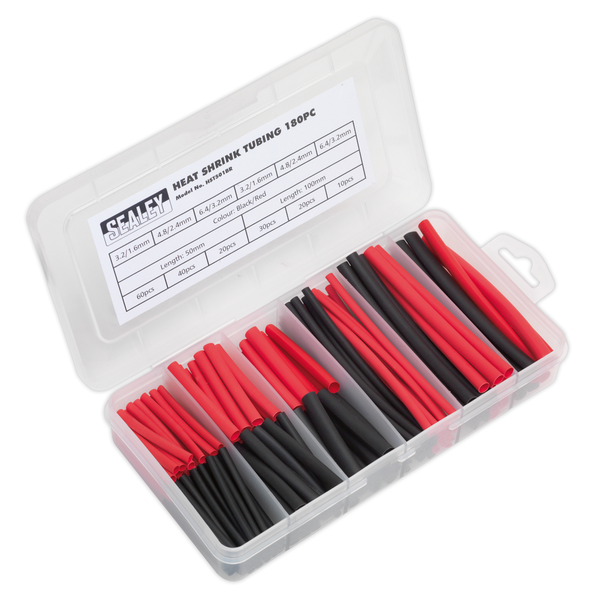 Sealey Heat Shrink Tubing Sleeve 180 Pieces 50 & 100mm Black & Red HST501BR