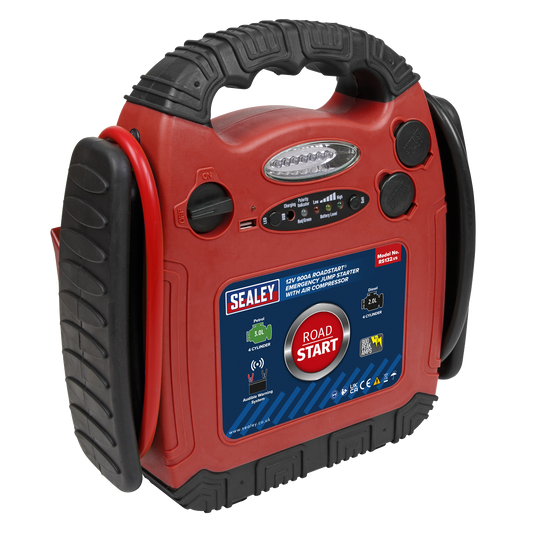 Sealey RoadStart Emergency Power Pack W/ Air Compressor 12V 750 Peak Amps RS132