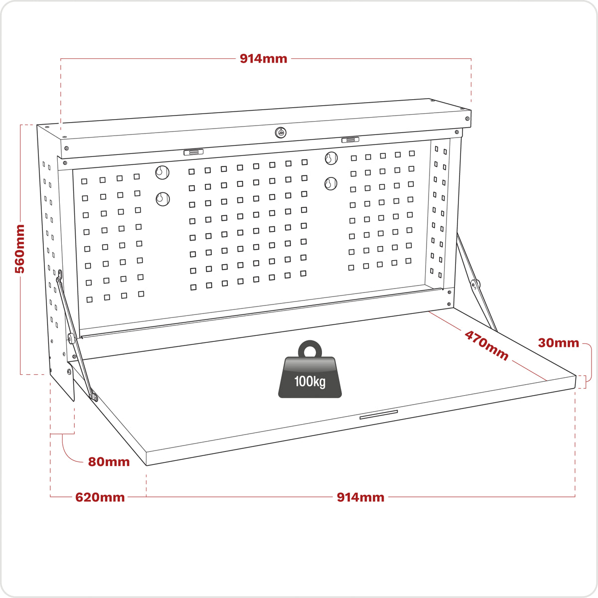 Sealey Wall Mounted Foldable Workbench 914mm x 620mm x 560mm Lockable APWMW01