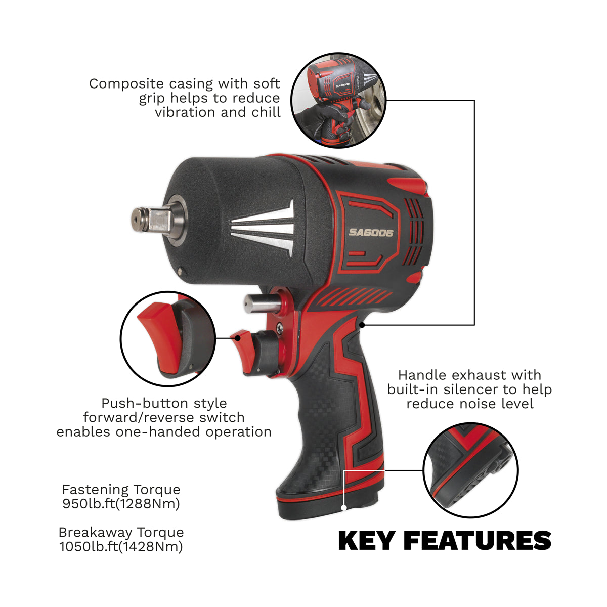 Sealey 1/2" Square Drive Composite Air Impact Wrench Twin Hammer 9000 RPM SA6006
