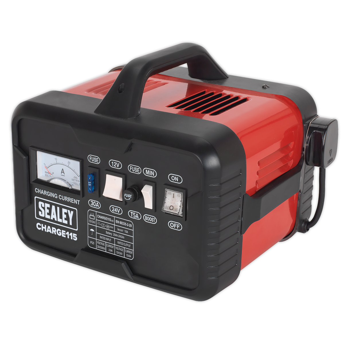 Sealey 19A 12V 24V Battery Charger With Sturdy Carry Handle Steel Case CHARGE115