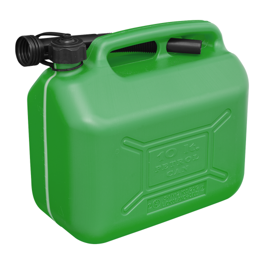 Sealey Fuel Can Safety Screw Lock Cap & Flexible Spout 10L - Green JC10PG