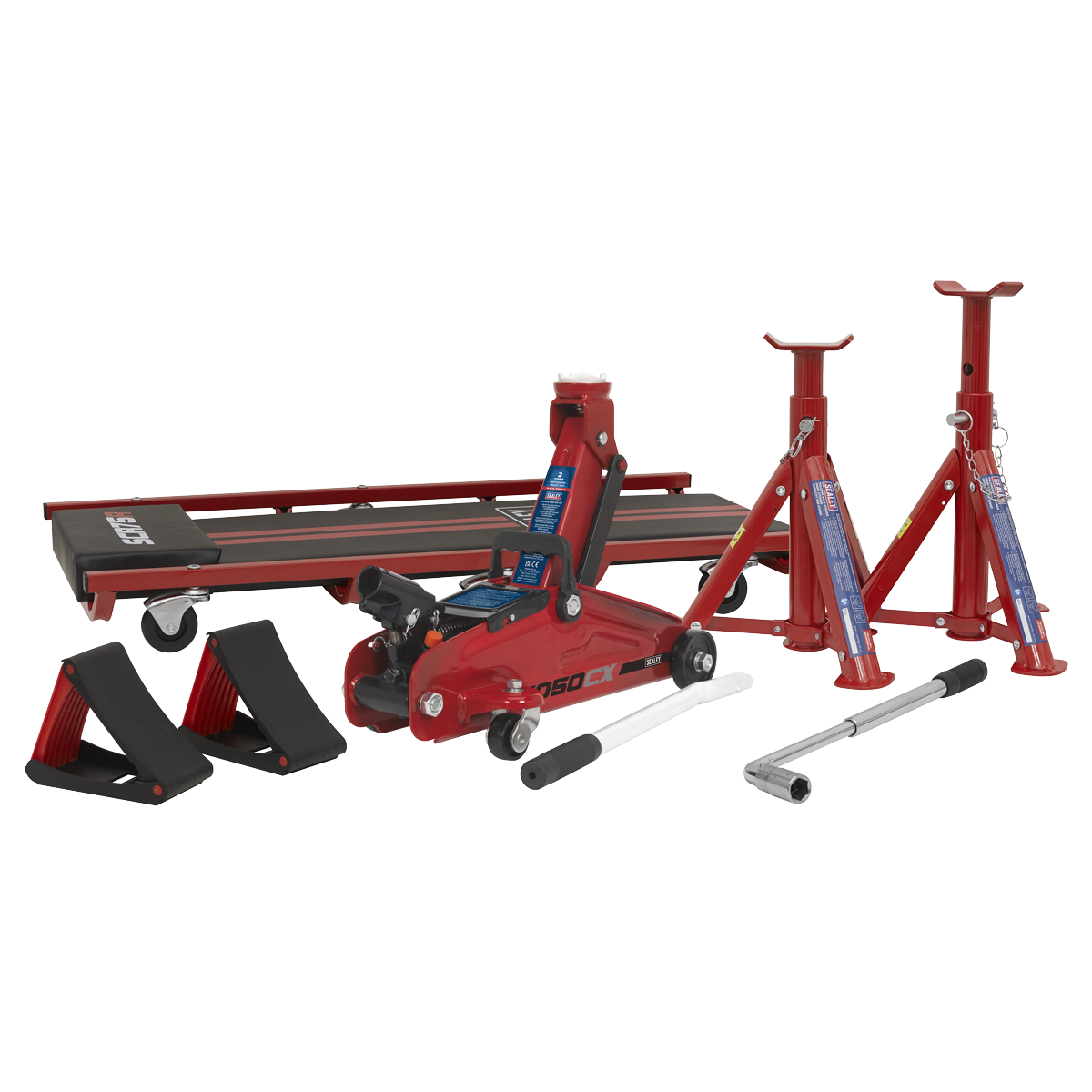 Sealey Lifting Kit 5pc 2 Tonne Jack Axle Stands Creeper Chocks & Wrench JKIT01