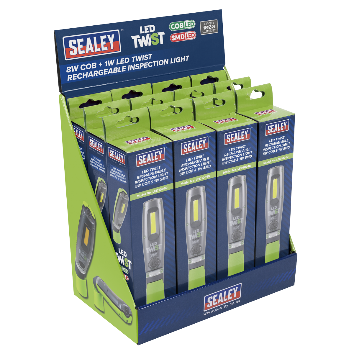 Sealey LED Twist Rechargeable Inspection Light Green 12 Pieces LED1001GDB