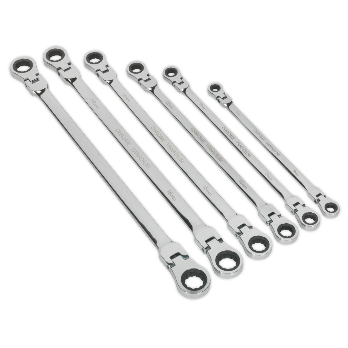 Sealey Flexi-Head Double End Ratchet Ring Spanner Set 6 Pcs Extra-Long AK63832