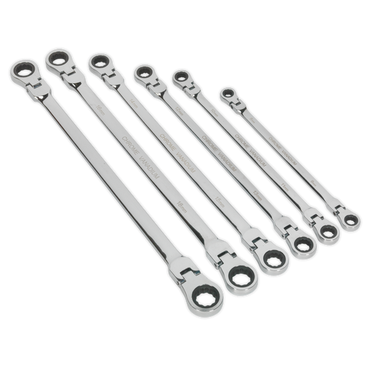 Sealey Flexi-Head Double End Ratchet Ring Spanner Set 6 Pcs Extra-Long AK63832