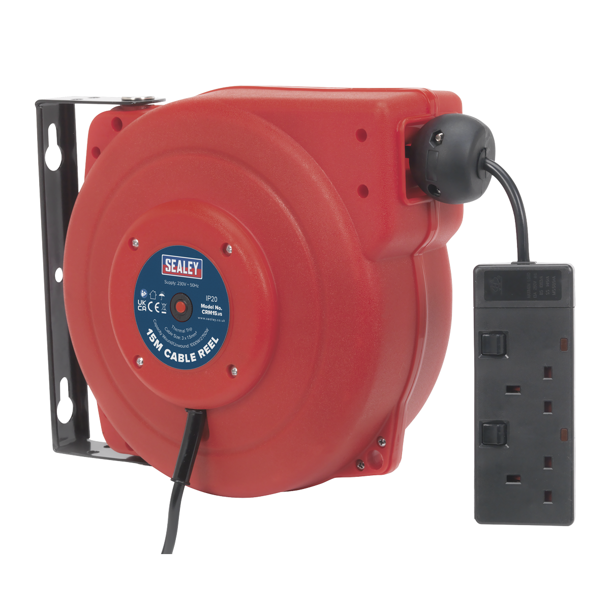Sealey Cable Reel Extension System Retractable 15 Metres 2x 230V Socket CRM15