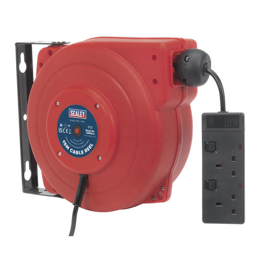 Sealey Cable Reel Extension System Retractable 15 Metres 2x 230V Socket CRM15