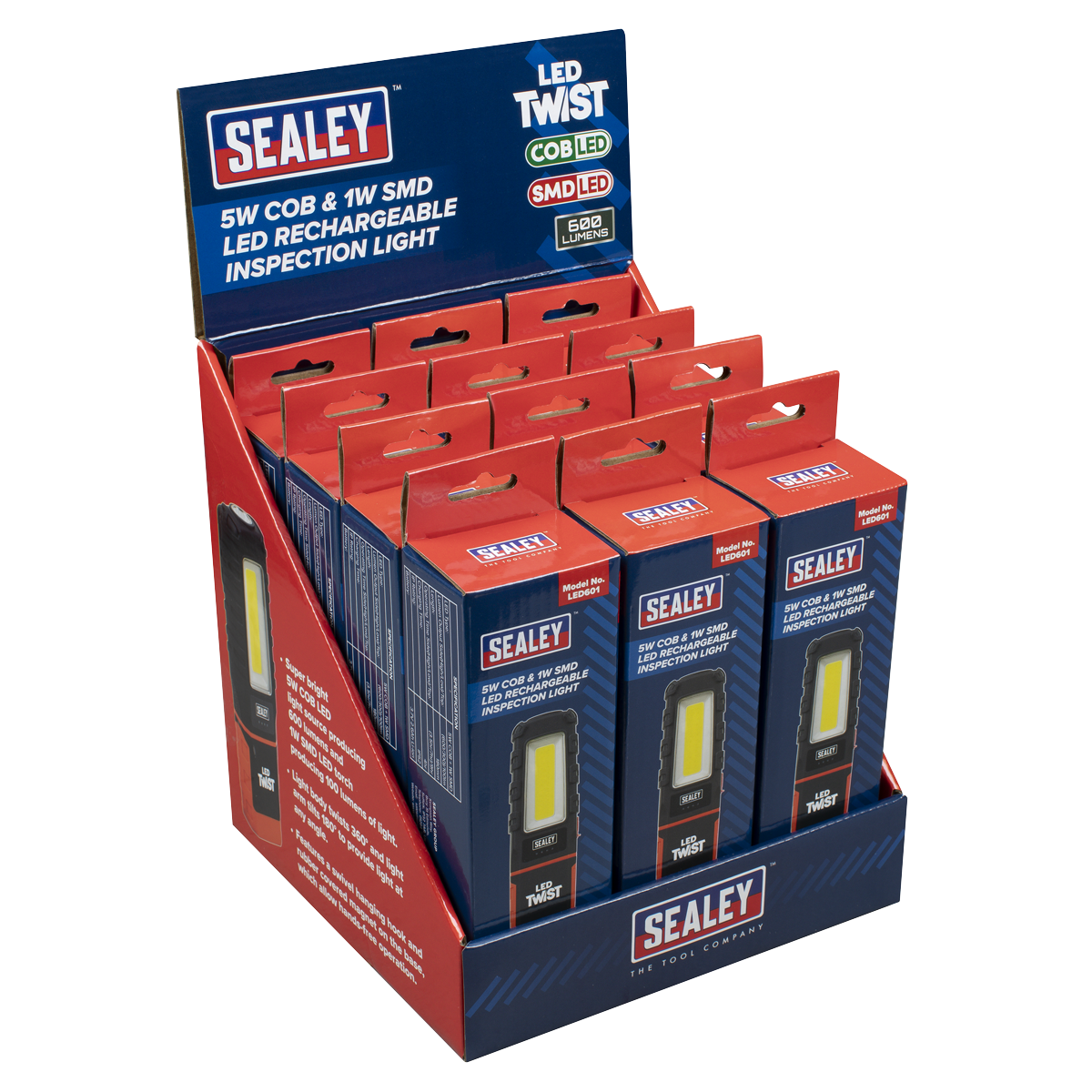 Sealey LED Twist Rechargeable Inspection Light 5W COB & 1W 12 Pieces LED601DB