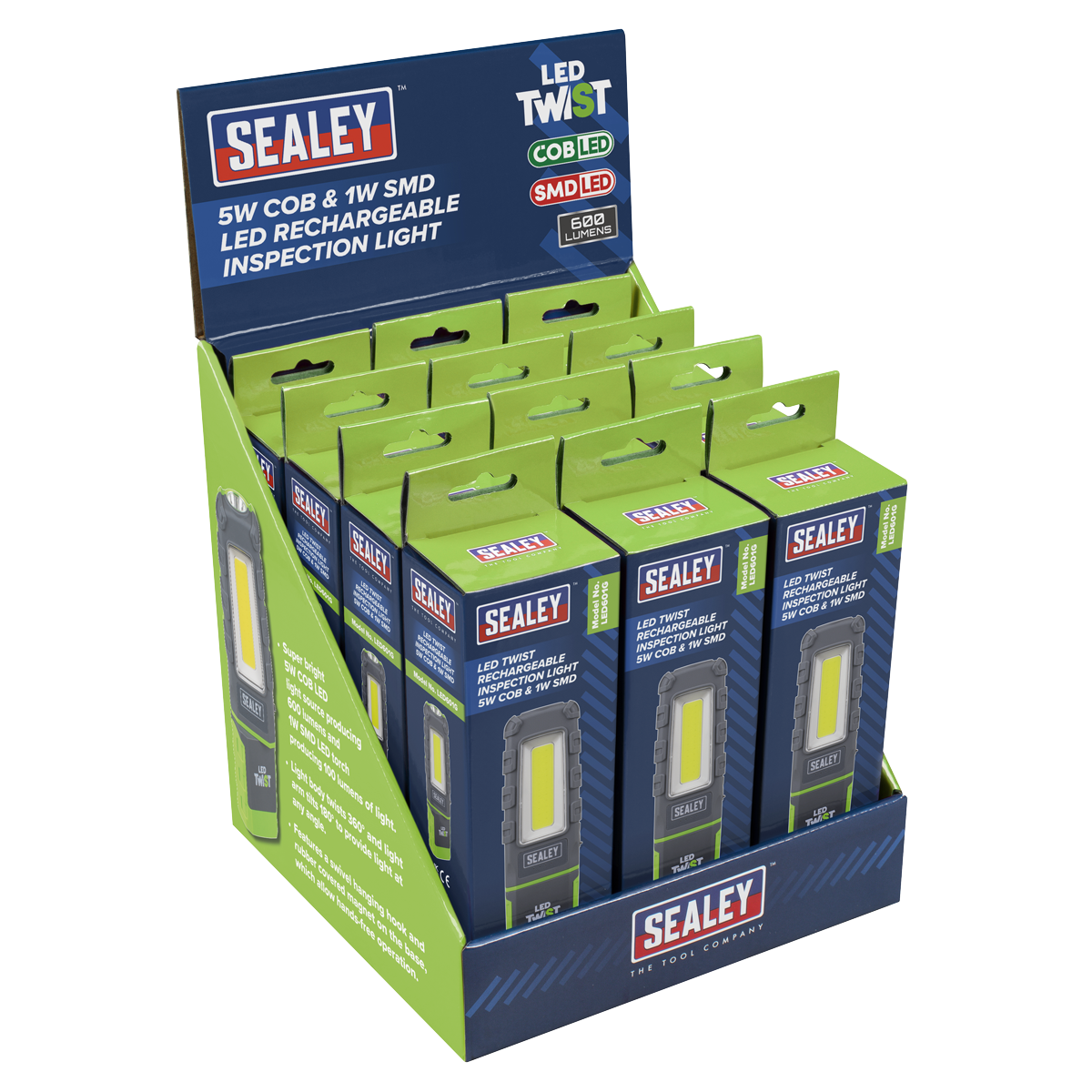 Sealey LED Twist Rechargeable Inspection Light Green 12 Pieces LED601GDB