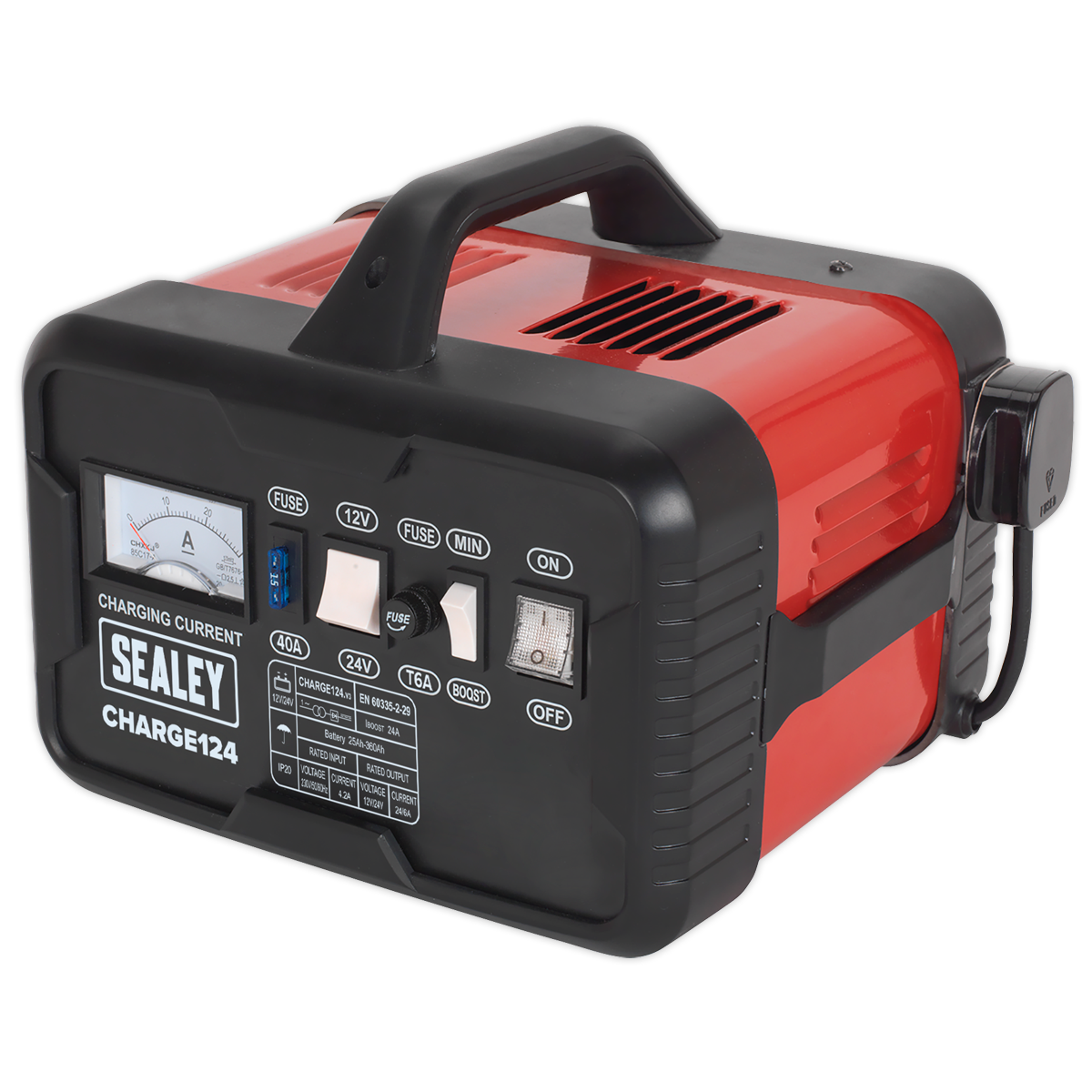 Sealey Battery Charger 28A 12V 24V 30V Steel Case Sturdy Carry Handle CHARGE124