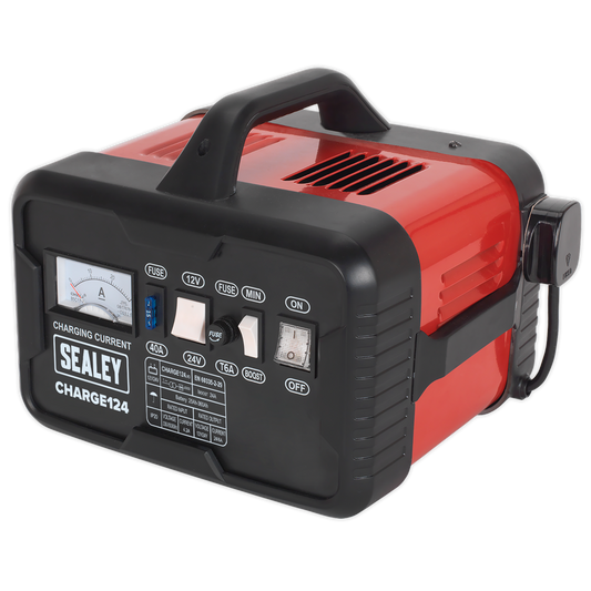 Sealey Battery Charger 28A 12V 24V 30V Steel Case Sturdy Carry Handle CHARGE124