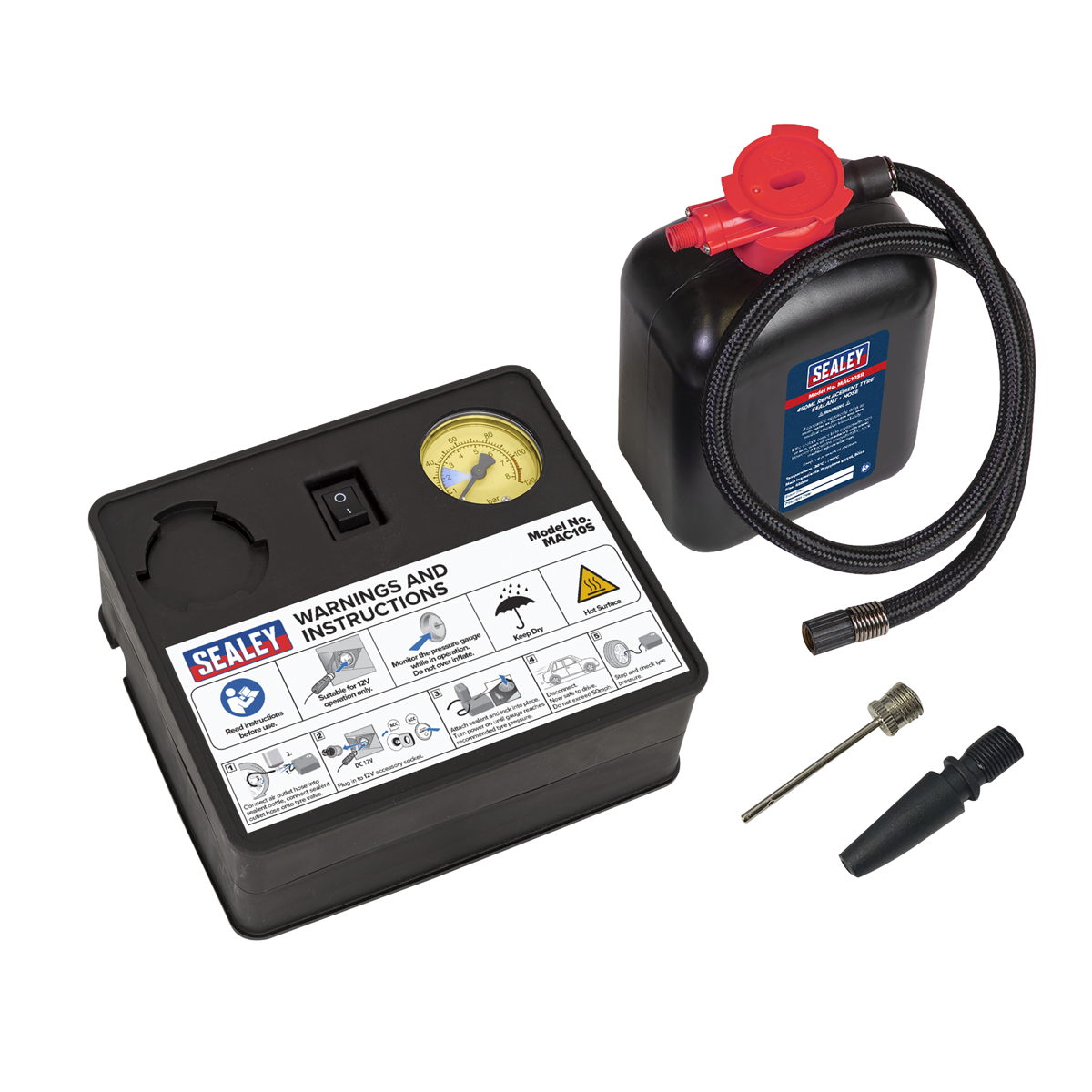 Sealey Tyre Inflator 12V + Emergency Puncture Sealant Kit 100PSI MAC10S