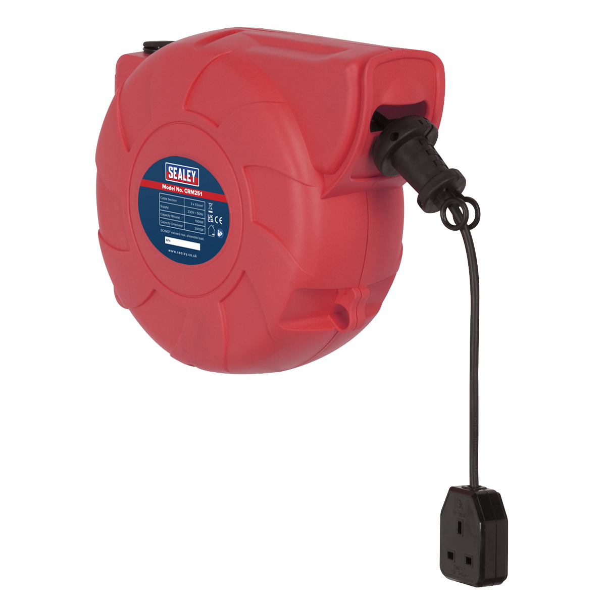 Sealey Cable Reel System Retractable 25M 1 x 230V Socket Red/Black CRM251