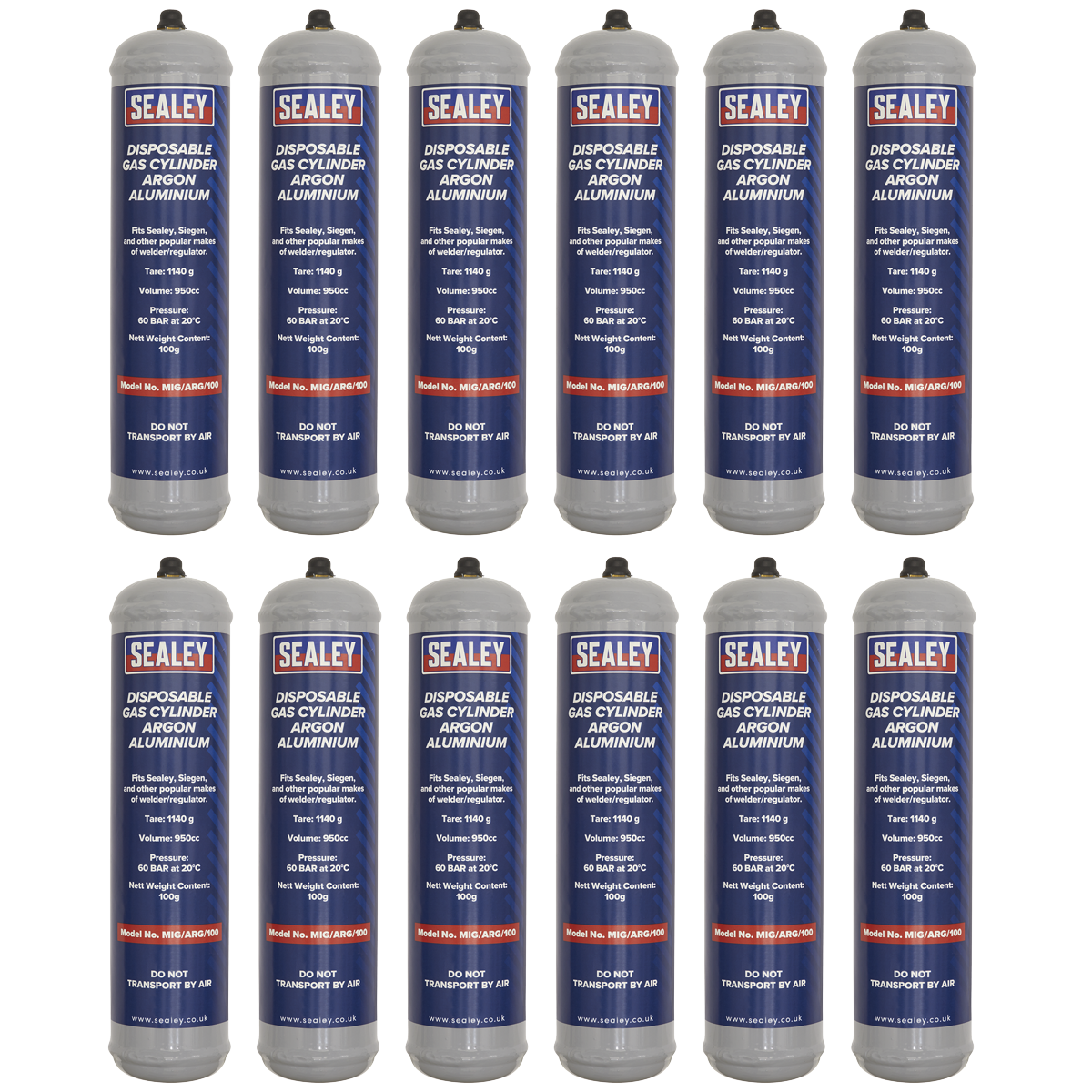 Sealey Gas Cylinder Disposable Argon Portable 100g 12 Pieces MIG/ARG/100/12
