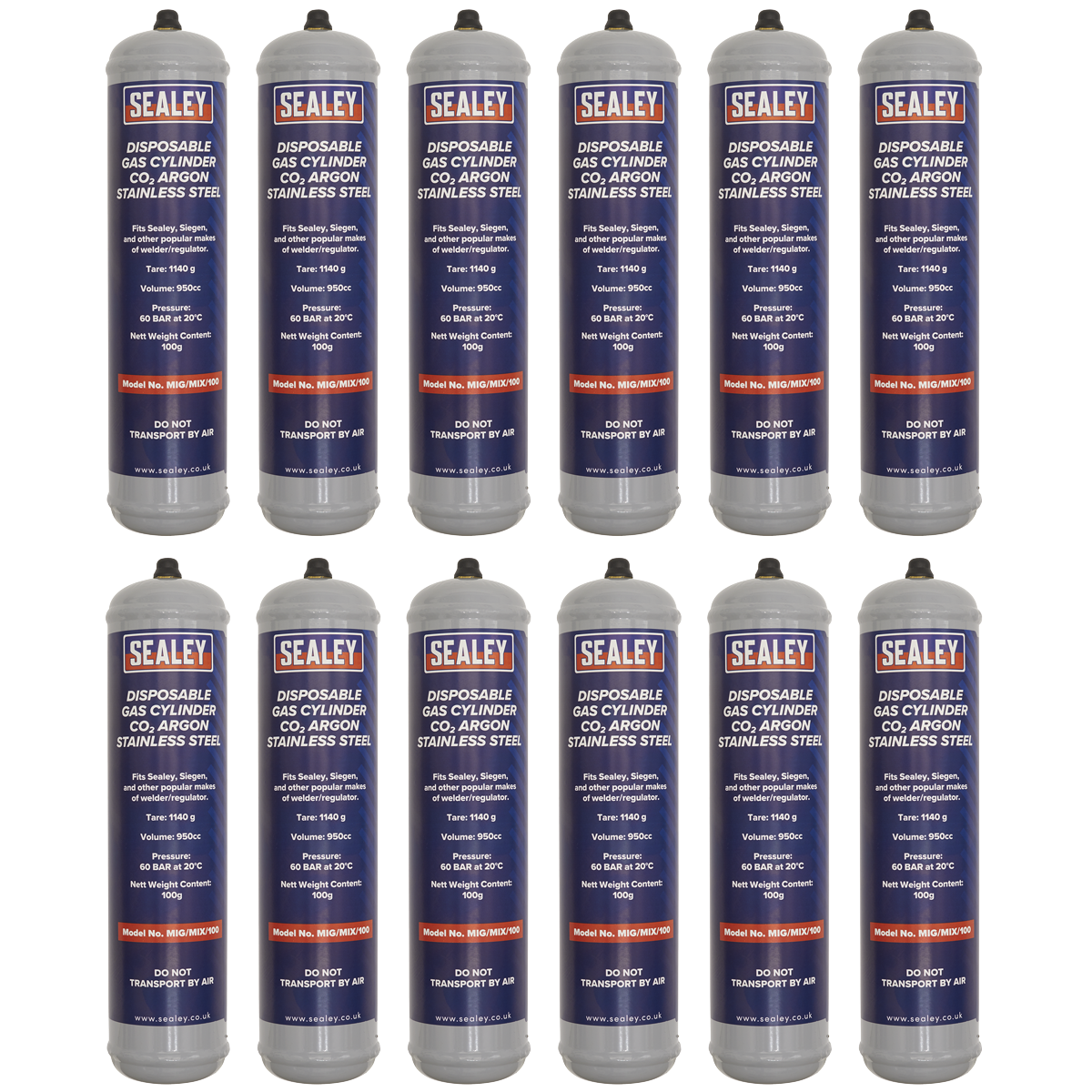 Sealey Gas Cylinder Carbon Dioxide Argon 100g - 12 Pieces MIG/MIX/100/12