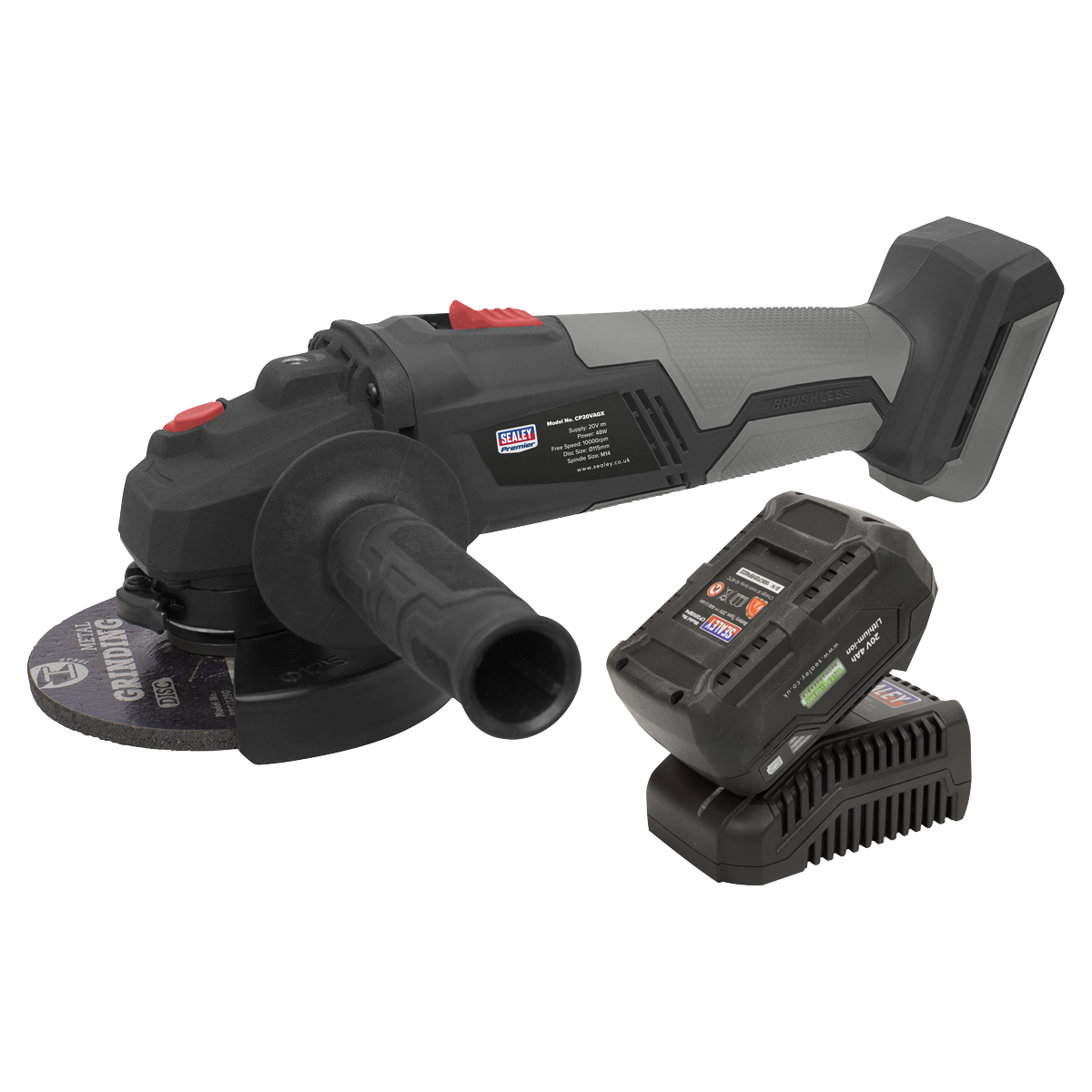 Sealey Brushless Angle Grinder Kit Ergonomic 115mm 20V 4Ah CP20VAGXKIT1