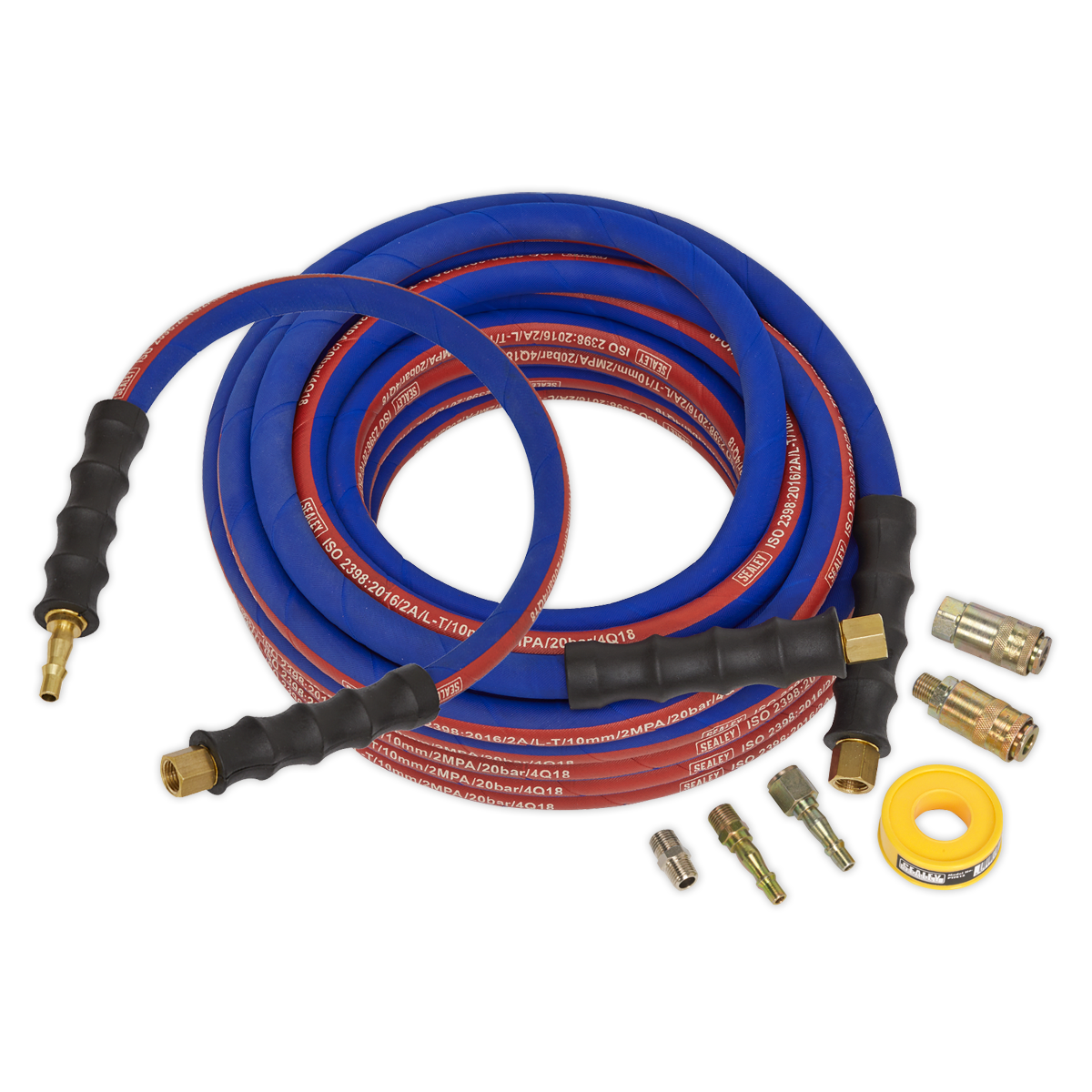 Sealey 15m x Ø10mm Extra-Heavy-Duty Air Hose Kit With Connectors PTFE Tape AHK02