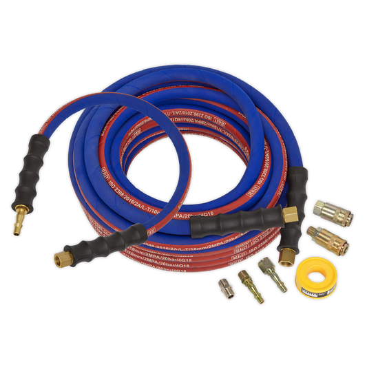 Sealey 15m x Ø10mm Extra-Heavy-Duty Air Hose Kit With Connectors PTFE Tape AHK02