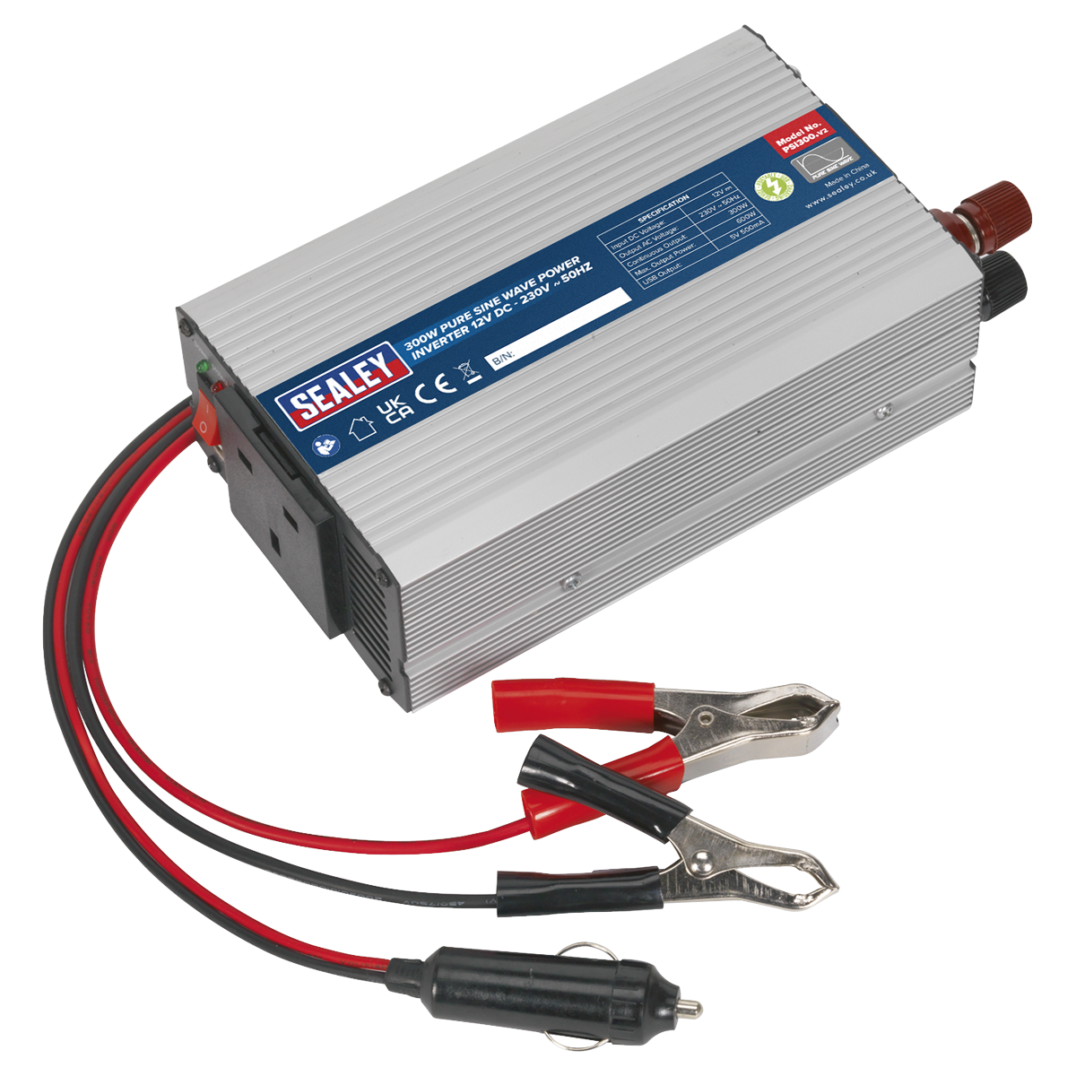 Sealey Power Inverter Pure Sine Wave USB Outlet 300W 12V DC - 230V 50Hz PSI300