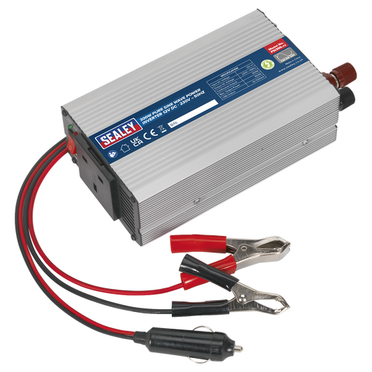 Sealey Power Inverter Pure Sine Wave USB Outlet 300W 12V DC - 230V 50Hz PSI300