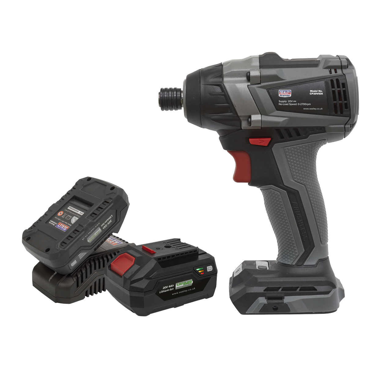 Sealey 20V 1/4" Hex 1x2Ah 2x4Ah Battery Brushless Impact Driver Kit CP20VIDXKIT