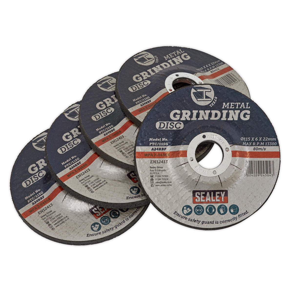 Sealey Grinding Disc Aluminium Oxide Ø115 x 6mm 22mm Bore - Pack Of 5 PTC/115G5