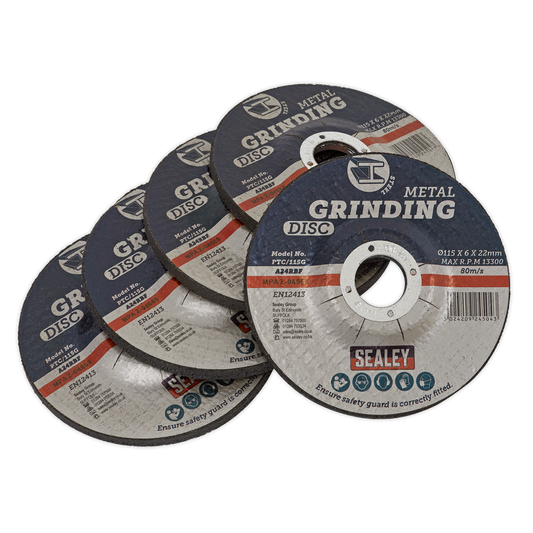 Sealey Grinding Disc Aluminium Oxide Ø115 x 6mm 22mm Bore - Pack Of 5 PTC/115G5