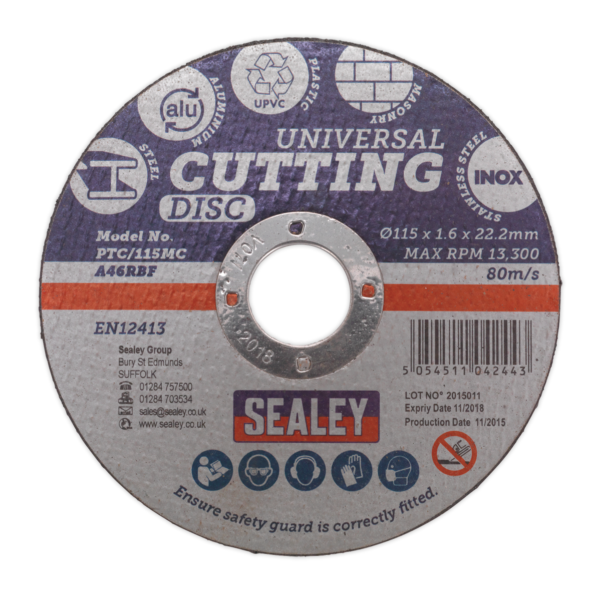 Sealey Multipurpose Cutting Disc Ø115 x 1.6mm Ø22.2mm Bore Universal PTC/115MC