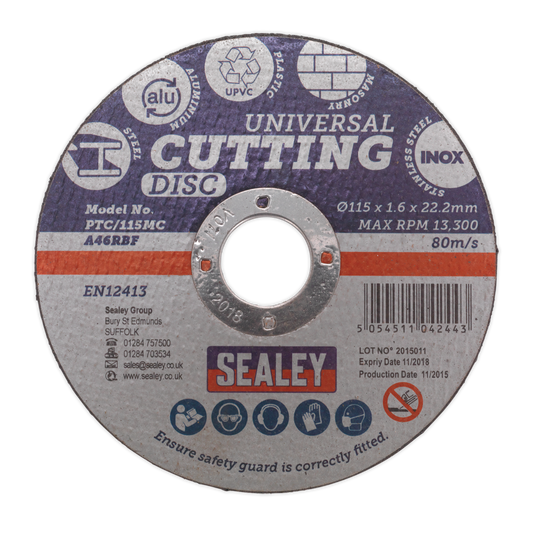 Sealey Multipurpose Cutting Disc Ø115 x 1.6mm Ø22.2mm Bore Universal PTC/115MC