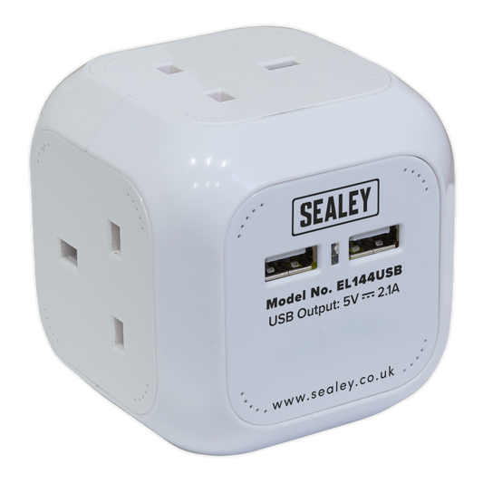 Sealey 4 Way 2xUSB 1.4m Cube Extension Lead 4x230V 2x5V 2.1A White EL144USB