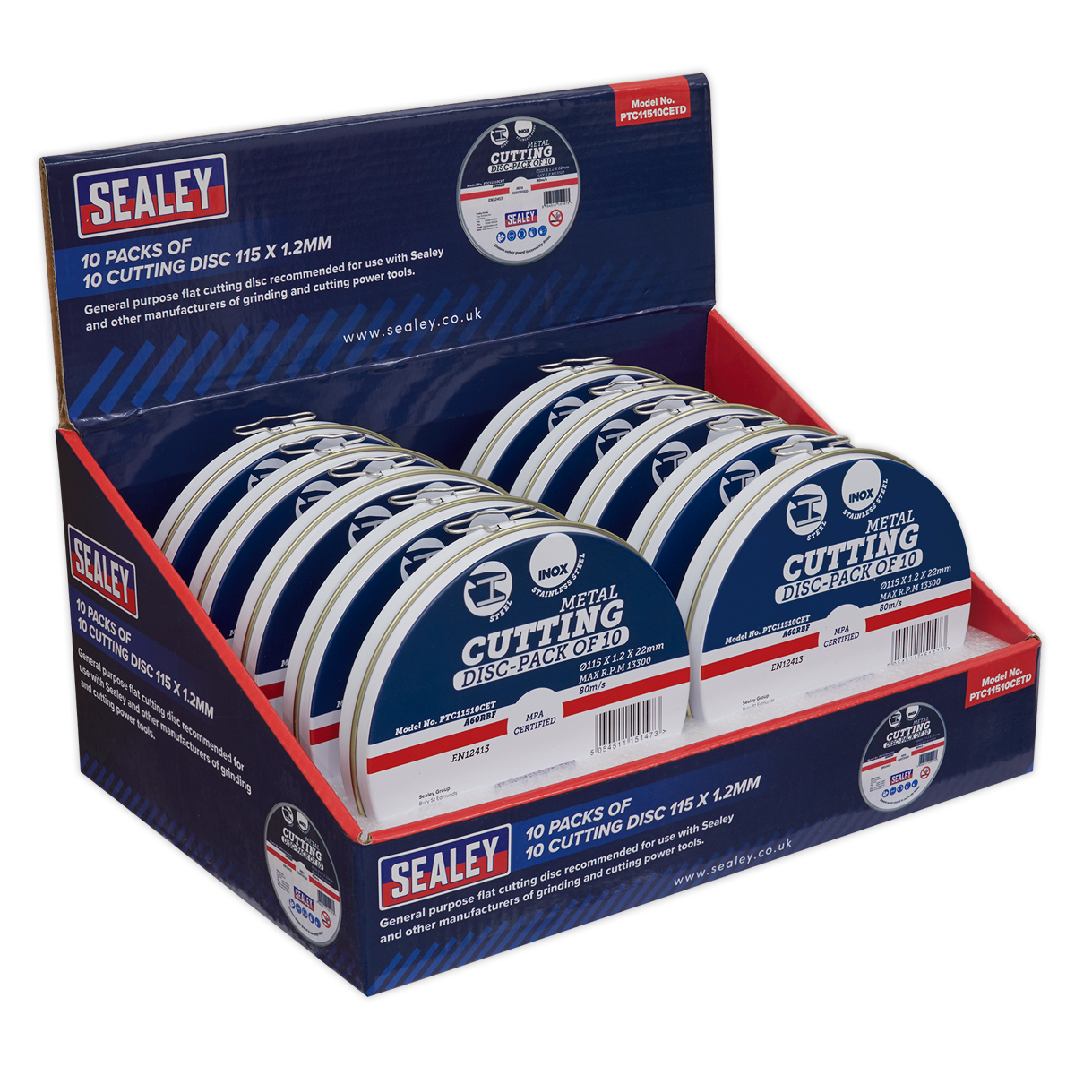 Sealey Cutting Disc Ø115x1.2mm Counter Top Display Box 10 Packs x10 PTC11510CETD