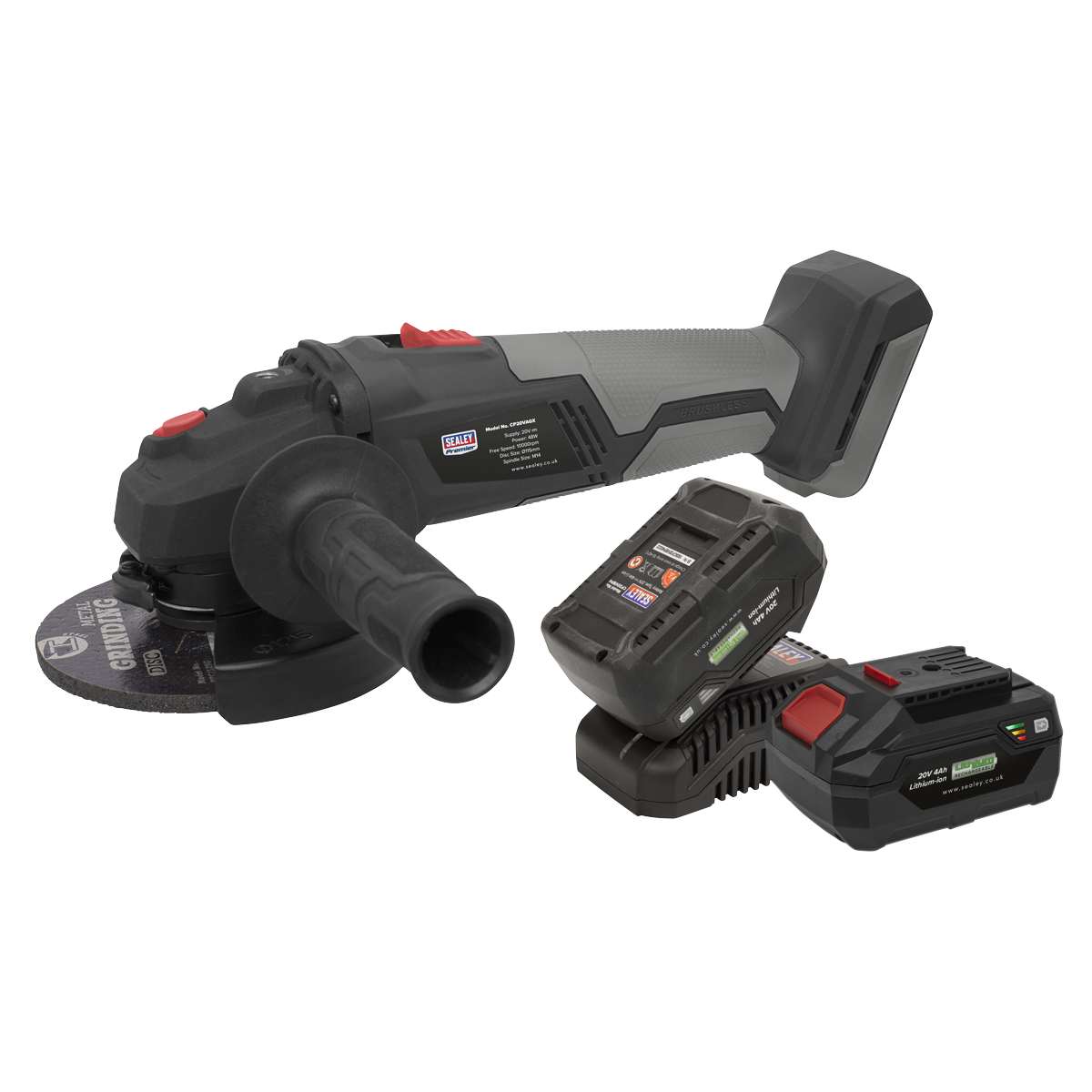 Sealey 20V 1 x 2.0Ah 1x4.0Ah 115mm Brushless Angle Grinder Kit CP20VAGXKIT