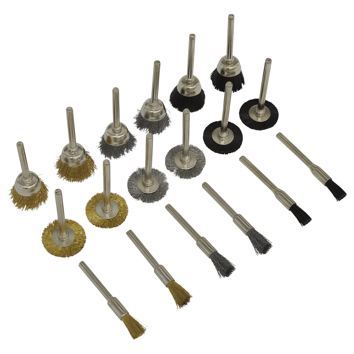 Sealey Rotary Tool Brush Set Includes Soft Brass Steel Wire Nylon 18pc RTA18WB