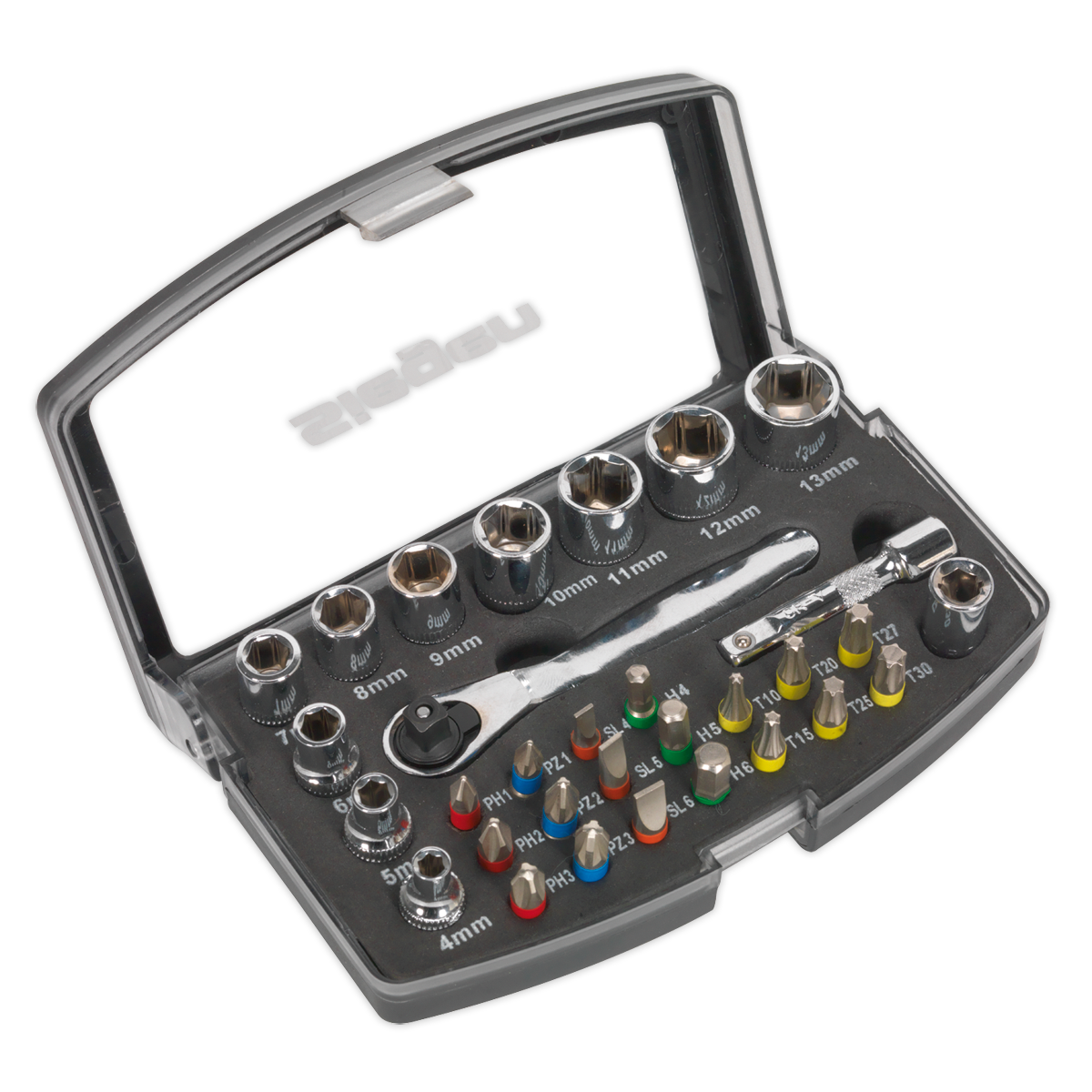 Sealey 31 Pieces 1/4" Square Drive Socket & Colour-Coded Bit Set Tool S01036