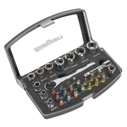 Sealey 31 Pieces 1/4" Square Drive Socket & Colour-Coded Bit Set Tool S01036