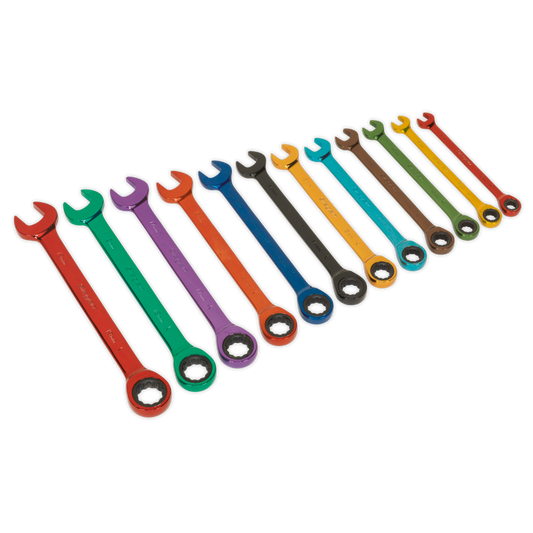 Sealey Ratchet Combi Spanner Set 12 Pieces Multi-Coloured Metric 72 Teeth S01075
