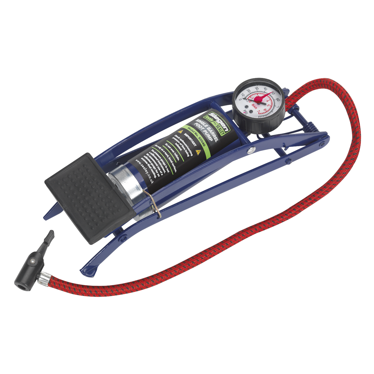 Sealey Foot Pump Single Barrel With 610mm Flexible Pressure Hose Blue S0540