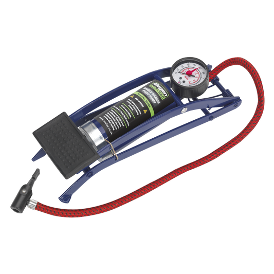 Sealey Foot Pump Single Barrel With 610mm Flexible Pressure Hose Blue S0540