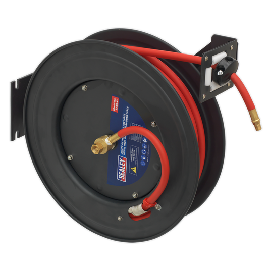 Sealey Retractable Air Hose Steel Reel 20mtr Ø10mm ID Rubber Hose 3/8" BSP SA85