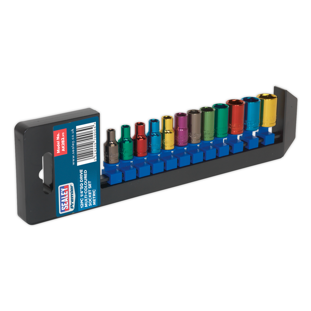 Sealey 12 Pcs Multi-Coloured Socket Set 1/4" Square Drive WallDrive Metric AK282