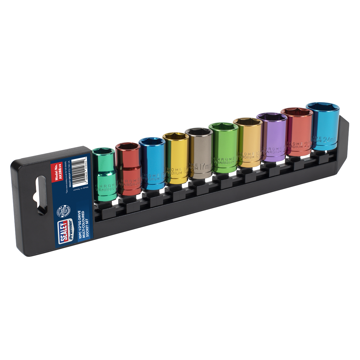 Sealey Multi-Coloured Socket Set 10 Pcs 1/2" Square Drive WallDrive Metric AK288