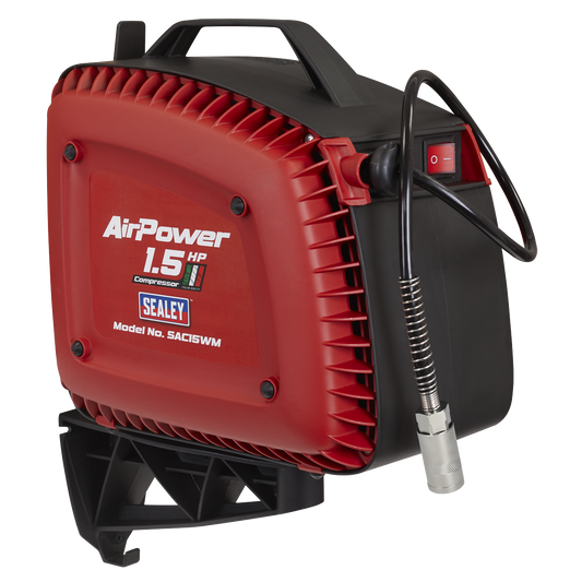 Sealey Wall Mounting Oil Free Air Compressor 1.5hp With 7m Hose Reel SAC15WM