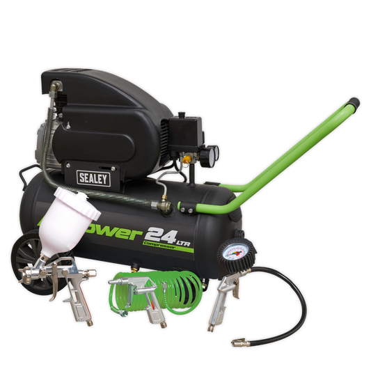 Sealey 24L Direct Drive Air Compressor 2hp With 4pc Air Accessory Kit SAC2420EPK