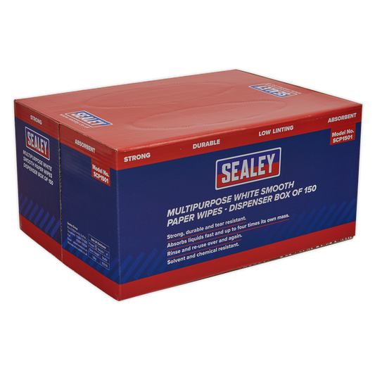 Sealey Multipurpose Paper Wipes in Dispenser Box Smooth White 150 Sheets SCP1501