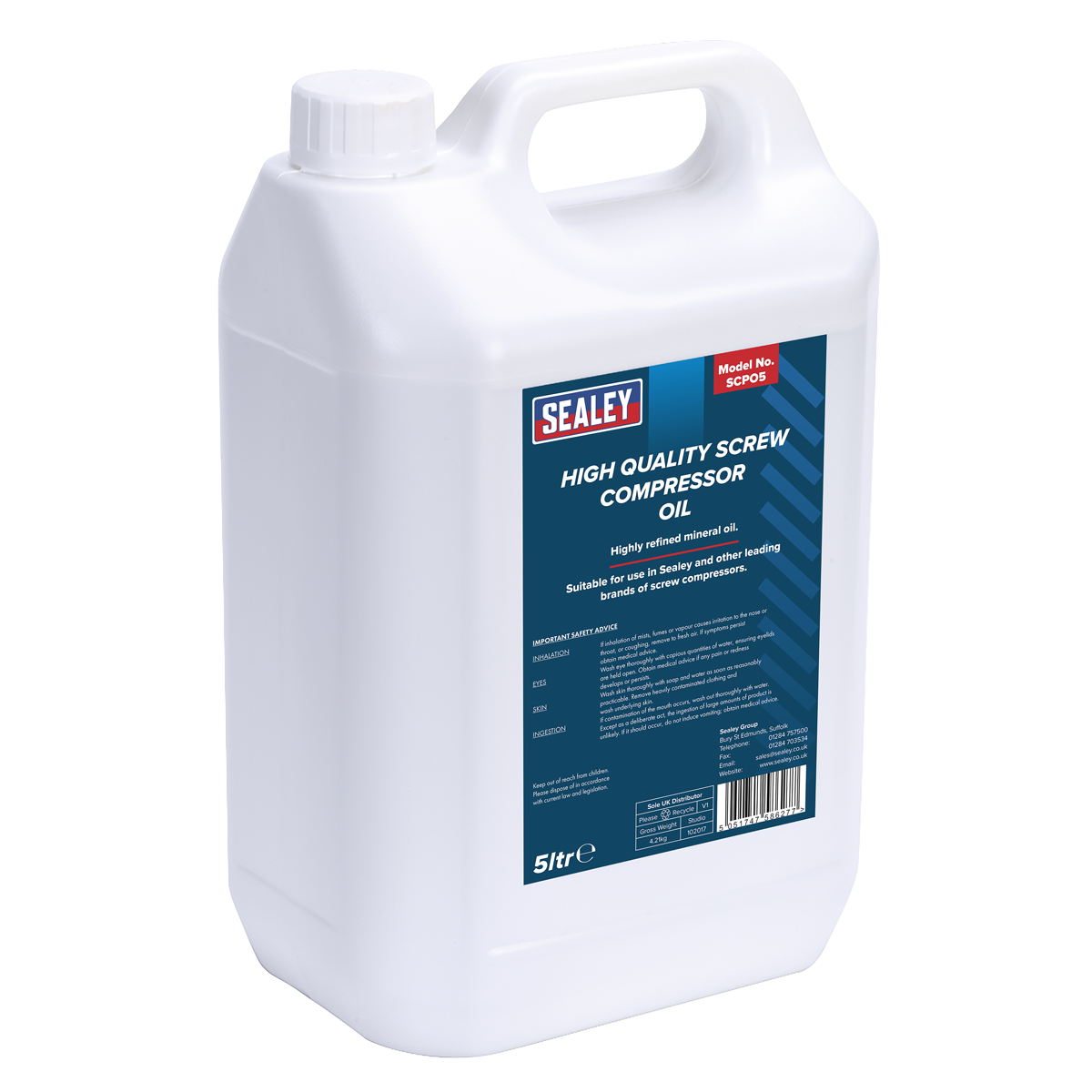 Sealey Highly Refined Mineral Oil For Screw Compressors 5L Container SCPO5