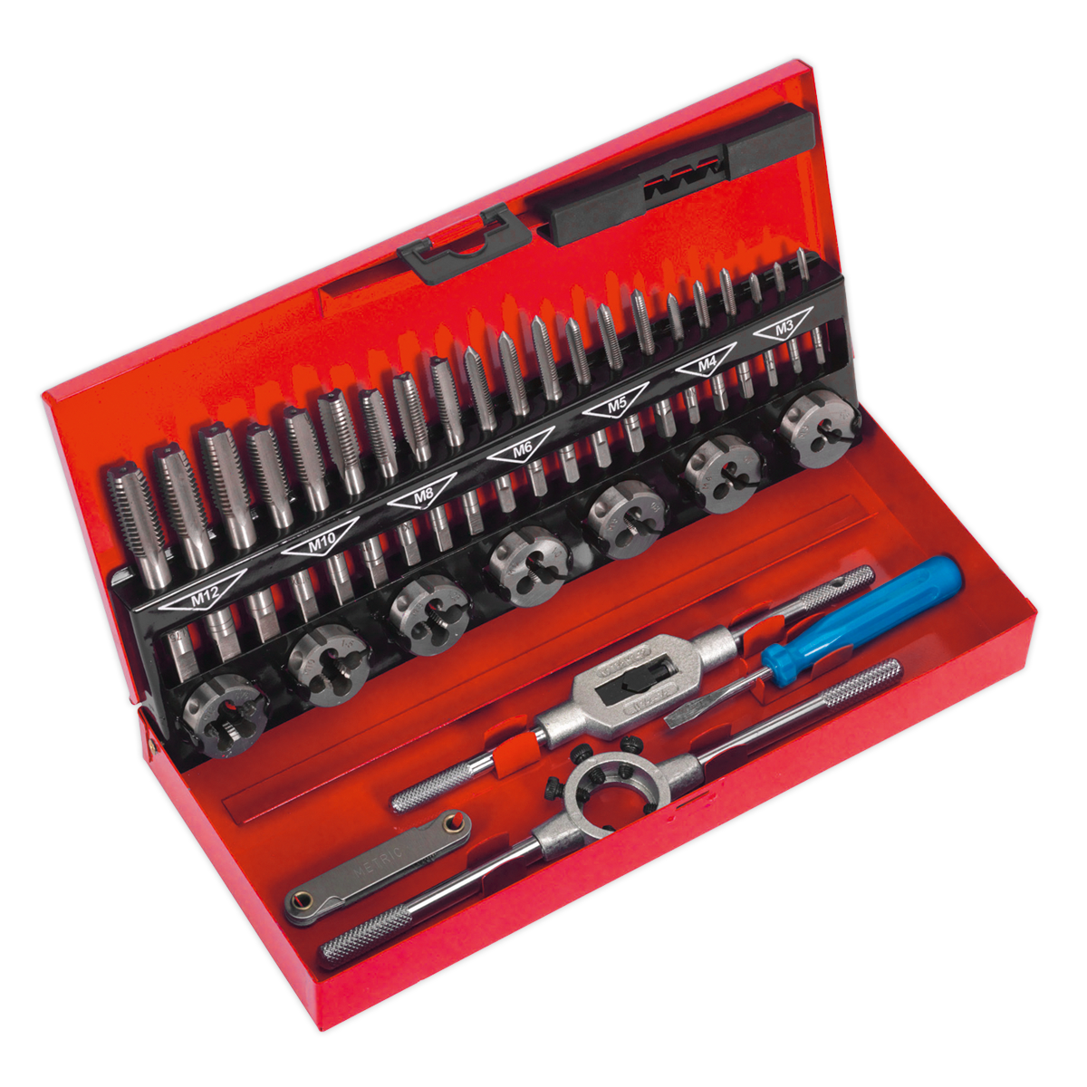 Sealey Tap & Die Set 32Pc Split DiesTap Wrench Steel & Die Handle Metric AK3015