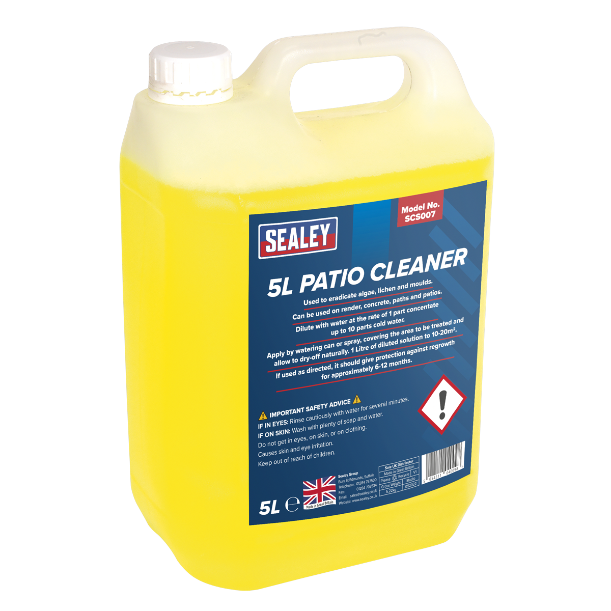 Sealey Non-Corrosive Chlorine-Free Patio Cleaner 5 Litres Loosens Dirt SCS007