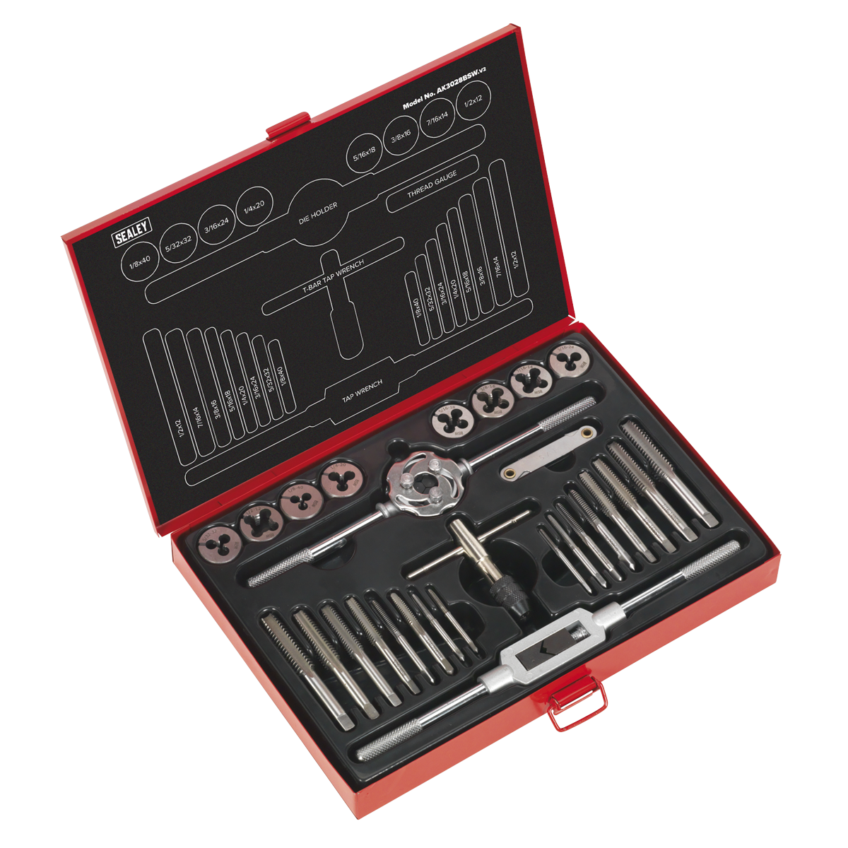 Sealey Tap & Die Set 28 Pieces Split Dies Imperial BSW 1/8"-1/2" AK3028BSW